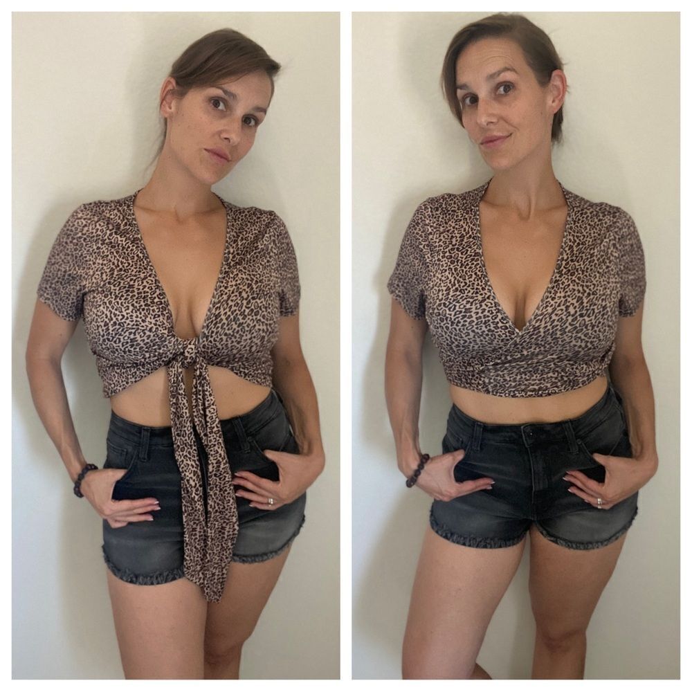 SHEIN Leopard Wrap Top Multi Way Crop Large Anima… - image 1